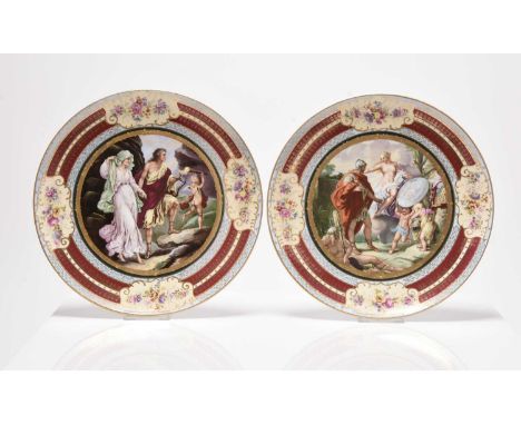 A pair of Eichwald plates in the manner of Royal Vienna, late 19th century, printed with Classical scenes within borders with