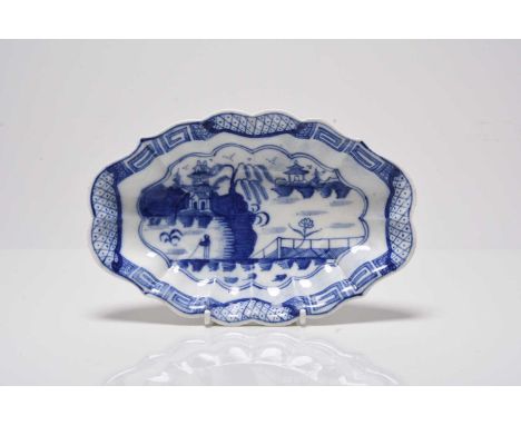A rare Caughley 'Weir' pattern small dessert tureen stand or dish, circa 1785-93, of small melon form with a lobed and cusped