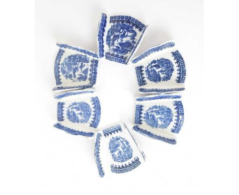 A set of six Caughley 'Fisherman' asparagus servers, circa 1780-85, transfer-printed in underglaze blue, the unglazed bases u