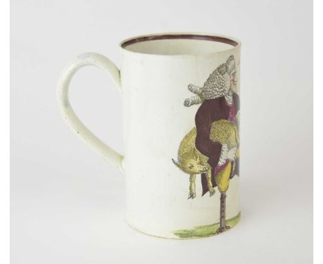 A rare English pearlware caricature mug, circa 1780, printed and hand-coloured with 'Signor Gruntinelli playing on a new inst