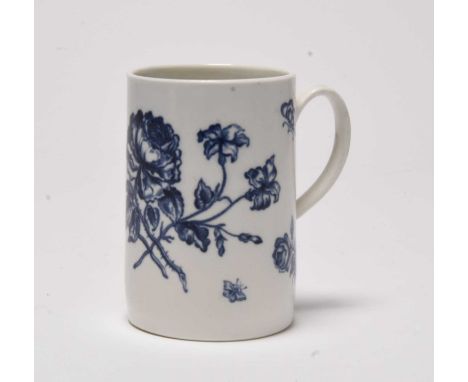 A rare Caughley 'Thorny Rose' mug, circa 1775-79, transfer-printed in underglaze blue, with four unusual underglaze blue butt