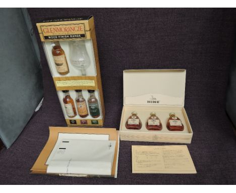 A Glenmorangie Malt Scotch Whisky 4 miniature bottle gift pack, Wood Finish Range with tasting glass included, all 43% vol an