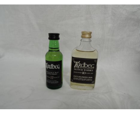 Two Ardbeg Single Malt Whisky Distillery Bottling Miniatures, 10 year old in glass flask no strength or capacity and 17 year 