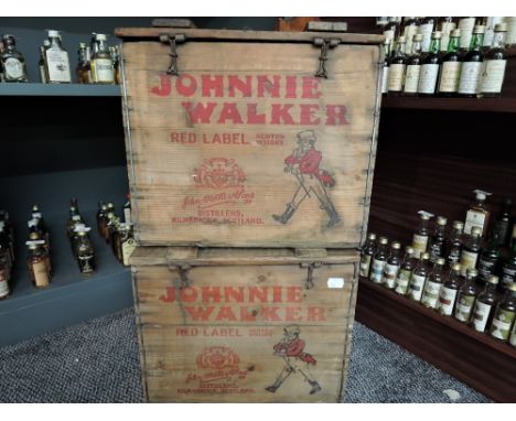 Two vintage wooden Whisky Crates, Johnnie Walker Red Label Scotch Whisky, John Walker &amp; Sons Distillers, Kilmarnock, Scot