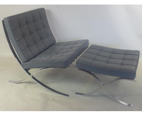 A Barcelona chair and stool by Knoll International, grey button back upholstery on chrome supports, with makers marks 