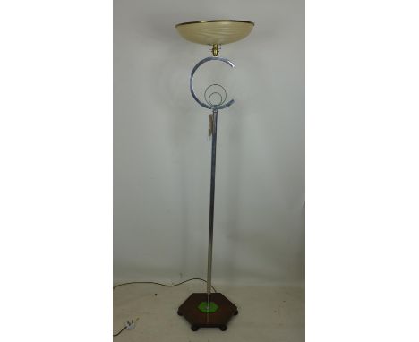 An Art Deco chrome standard lamp, with C design to support, plastic shade, raised on hexagonal oak base and bun feet, H.172cm