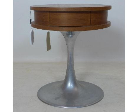 A teak and aluminium lamp table with single drawer, H.51 D.43cm 