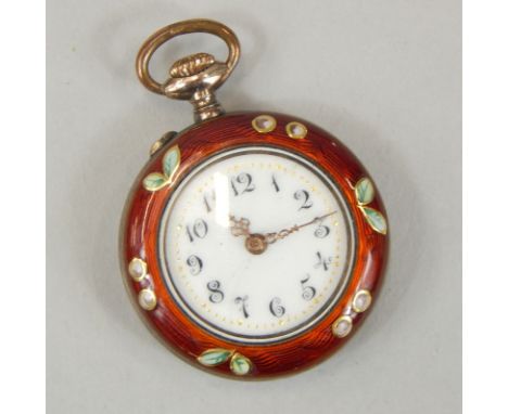 An early 20thC enamel fob watch, having ceramic dial with Arabic numerals and applied gilt minute markers, decorated with flo
