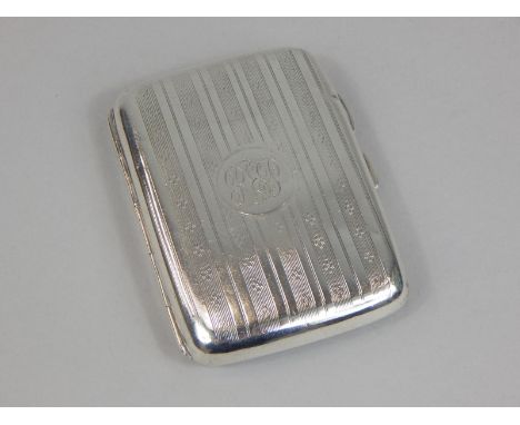 A George V engine turned silver small cigarette box, decorated centrally with initials, Birmingham 1919, 2¼oz