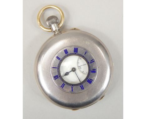 A George V J W Benson silver top wind half hunter pocket watch, having engine turned design throughout, ceramic dial being ma