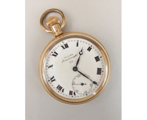 A mid 20thC gold plated Record open face top wind pocket watch, with two tone cream and white dial, having split chapter ring