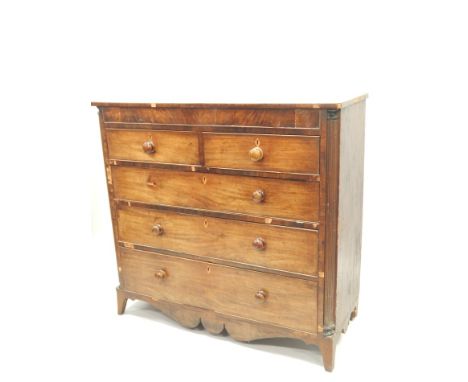 A 19thC mahogany chest of two short and three long drawers, with turned wood handles, on bracket feet, 130cm wide. Provenance
