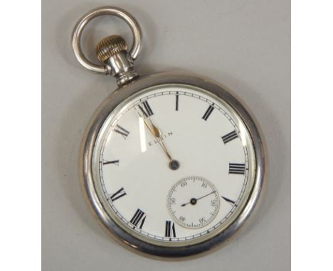 A mid 20thC white metal Elgin pocket watch, having enamel dial, with Roman numerals surrounded by minute track, with sunken s