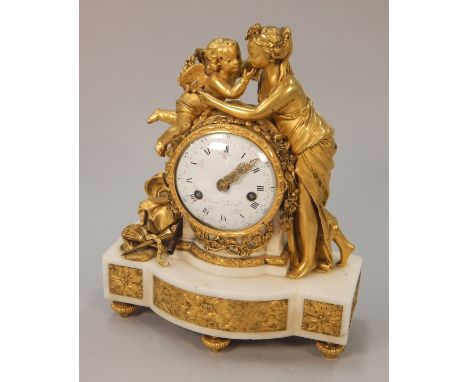 An early 19thC French clock, modelled in the form of a maiden and a putto, the enamel dial signed Cronier A Paris, decorated 