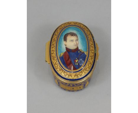 A Halcyon Days oval enamel box and cover, the lid decorated with Napoleon Bonaparte, the interior explaining that this is a d