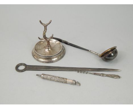 A collection of small silver etc., to include a modern letter opener, a ladle with a  twisted whale bone handle etc.