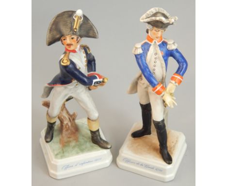 A pair of Goebel ceramic figures, each modelled in the form of a French officer, early 19thC, printed marks in blue to unders