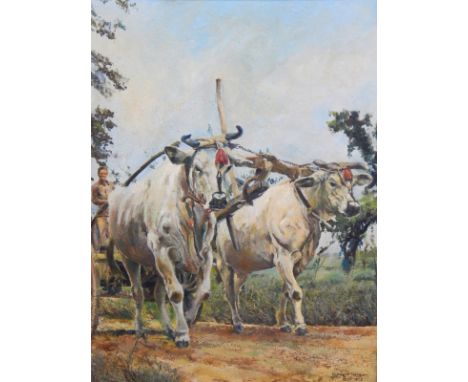 * Morgan, cows pulling a cart, signed and dated July 1975, oil on board, 57cm x 44cm.