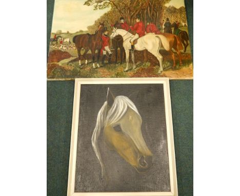 20thC School. Huntsman on horseback, in the 19thC style, oil on canvas, 61cm x 91cm, and an oil painting portrait of an horse