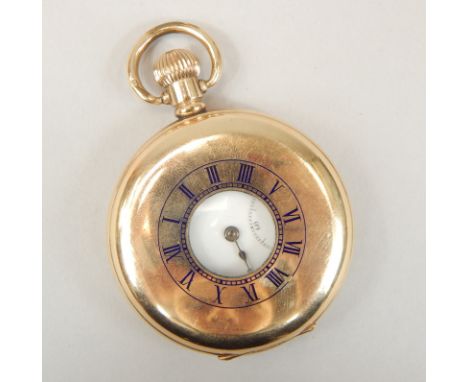 A mid 20thC Moon brand half hunter gold plated pocket watch, having two tone dial, with split level chapter ring, having Roma