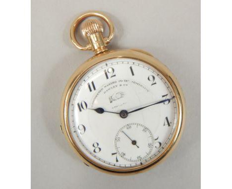 A George V 9ct gold Hawley and Company open face top wind pocket watch, having two tone enamel dial with Arabic numerals, sur