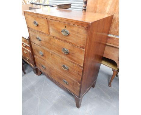An early 19thC mahogany chest of drawers, the caddy type top with a cross banded border, above two short and three long drawe