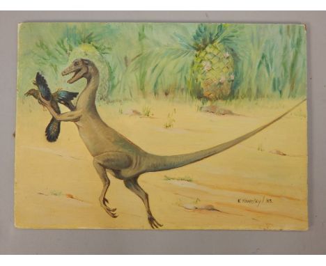 K. Kearsley.  Velociraptor dinosaur catching a bird, oil on board, signed and dated 1983, unframed, 11.5cm x 17cm