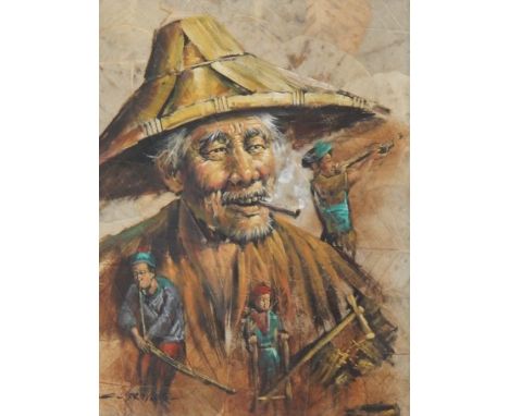 20thC Eastern School. Portrait of an old gentleman smoking, oil on dried leaf, indistinctly signed, 40cm x 31cm. 