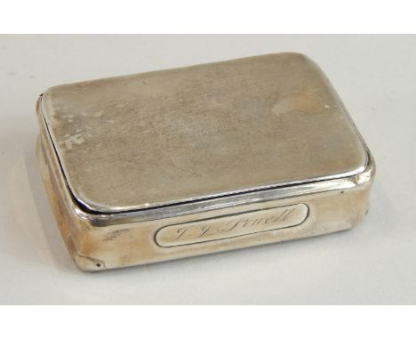 A George III silver snuff box, the lid indistinctly engraved with an animal, the thumb piece stamped J J P, Birmingham 1814, 