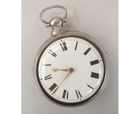 A George IV silver pair cased pocket watch, having fusee movement marked Simpson of Cockermouth, with enamel dial having Roma