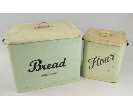 Two vintage green enamel kitchen vessels, one for bread bearing the slogan Pride O' Home, the other for flour. Provenance: Th
