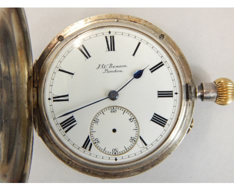 An Edward VII silver Hunter J W Benson pocket watch, having enamel dial, with Roman numerals and minute track, with sunken se