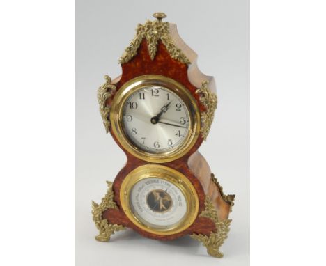 A late 19thC/early 20thC French mantel clock and barometer, in a simulated tortoiseshell case, with foliate gilt metal mounts