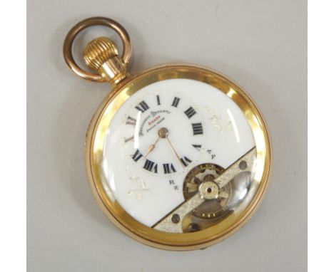 A Hebdomas Patent eight day pocket watch, in gold filled case, having ceramic dial with Roman numerals surrounded by minute t