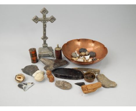 Miscellaneous items, to include a Megalodon fossilized tooth, mineral samples, a Tartanware box and cover, 19thC scales in a 