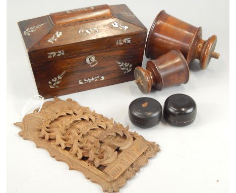Miscellaneous items of treen, to include two turned wooden cups, a Black Forest letter rack and a sarcophagus shaped rosewood