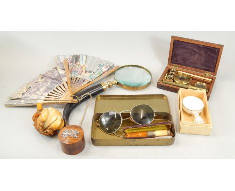 A collection of items, to include a 19thC miniature brass microscope in a mahogany case, a pipe, a set of aviator type sungla