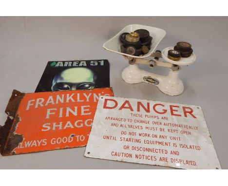 Various enamelled items, to include a danger sign, a Franklins Fine Shagg sign, a reproduction alien sign and a set of scales