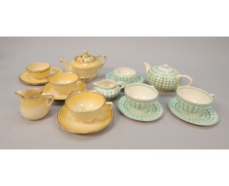 A Grays pottery Sun Buff pattern tea for two, and a similar Grays tea for two decorated with blue and green check.