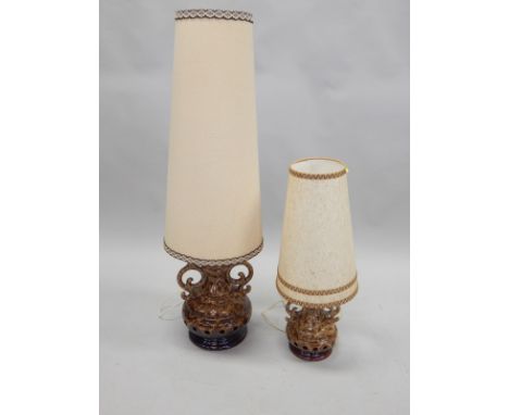 Two German Fat Lava type lamp bases, each with a mottled brown glaze and a shade