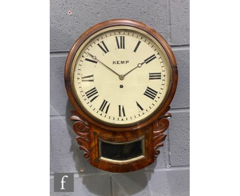 A 19th Century brass inlaid mahogany circular wall clock with single fusee movement, the painted dial signed Kemp over a carv