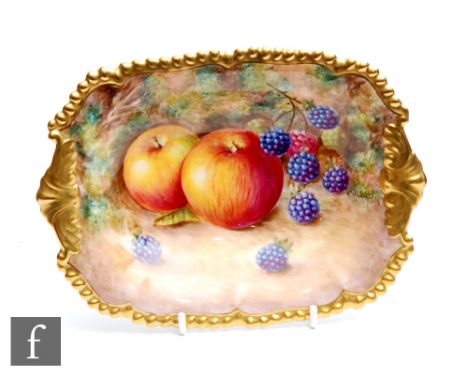 A Royal Worcester Fallen Fruits square shaped dish decorated with hand painted apples and blackberries, indistinctly signed, 