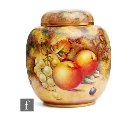 A Royal Worcester Fallen Fruits shape 2826 vase and cover decorated in the round by R. Lewis with pears and red grapes, cherr