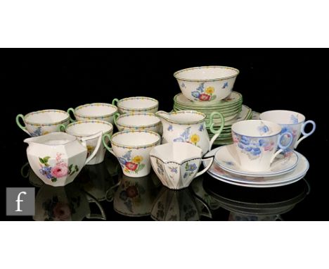 A 1930s Shelley Oxford shape Wild Flowers pattern part teaset comprising six cups, six saucers, six side plates (one restored