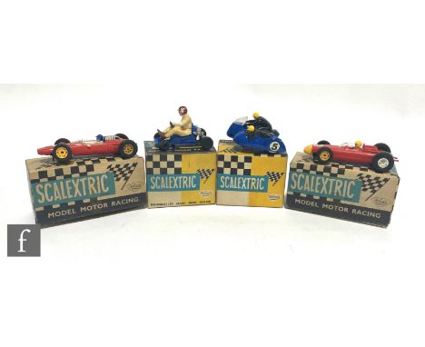 Four Triang Scalextric slot cars, a K1 Go-Kart in blue with figure driver with red helmet, S/D, B2 Hurricane Racing Motorcycl