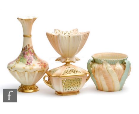 Three pieces of late 19th and early 20th Century Royal Worcester blush ivory comprising a shape 1538 vase with floral decorat