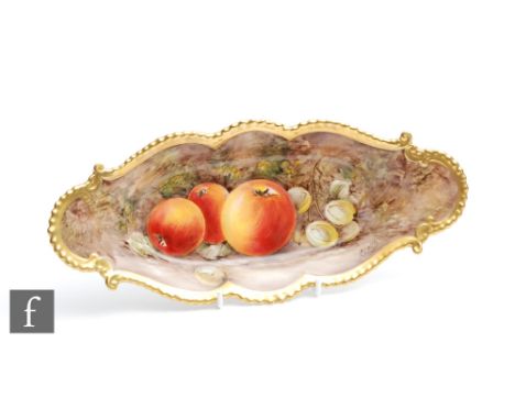 A Royal Worcester Fallen Fruits shaped oval dish decorated by Love with hand painted apples and gooseberries, signed, printed