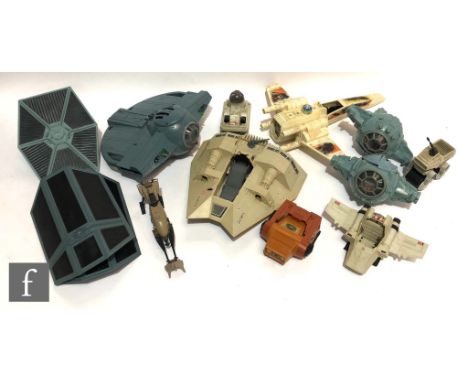 A collection of mostly vintage Kenner Star Wars vehicles, including X-wing, Snowspeeder, Speeder Bike, assorted mini rigs etc