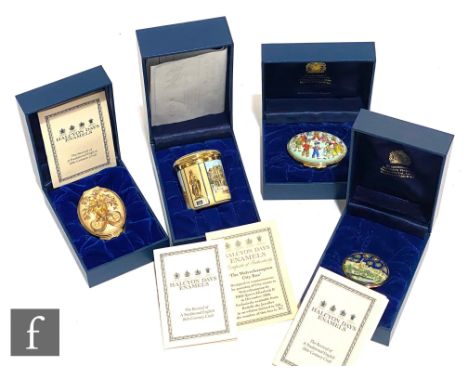 Three boxed Halcyon Days Enamels trinket boxes comprising one ' A Commemoration of Wolverhampton City 2000' numbered 67 from 
