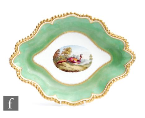 A 19th Century Worcester Flight Barr and Barr shaped oval dish decorated to the central roundel with a hand painted exotic bi
